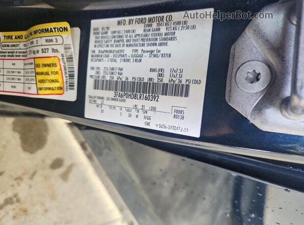 3FA6P0HD8LR160392 2020 FORD FUSION Blue Vista de la etiqueta del VIN