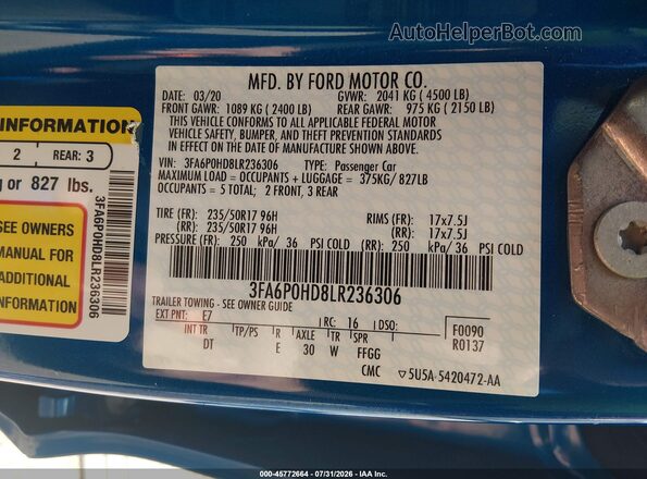 3FA6P0HD8LR236306 2020 FORD FUSION Blue Vista del compartimento del motor