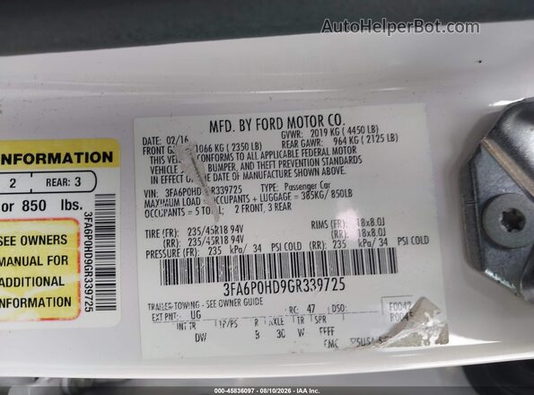 3FA6P0HD9GR339725 2016 FORD FUSION Белый Вид подкапотного пространства