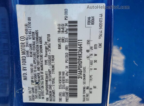 3FA6P0HD9HR366411 2017 FORD FUSION Blue Շարժիչի բաժամունքի տեսք