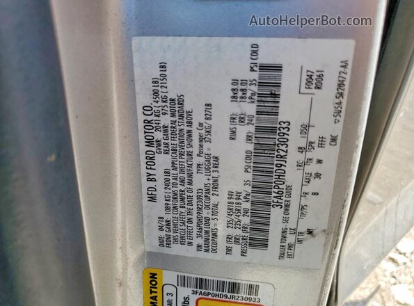 3FA6P0HD9JR230933 2018 FORD FUSION Silver 