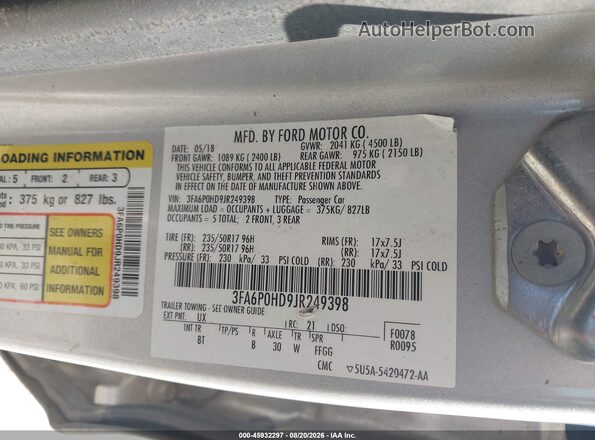 3FA6P0HD9JR249398 2018 FORD FUSION Silver Engine compartment view