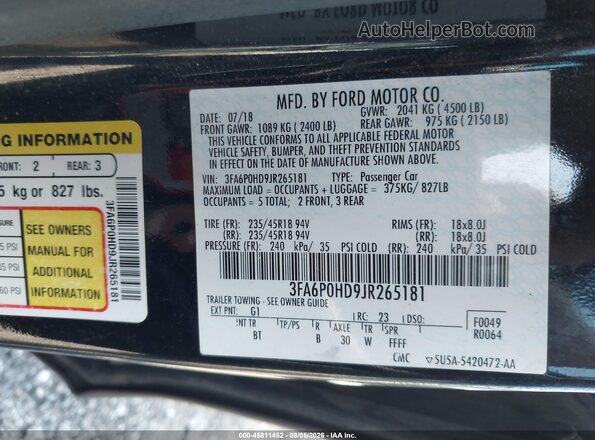 3FA6P0HD9JR265181 2018 FORD FUSION Black Շարժիչի բաժամունքի տեսք