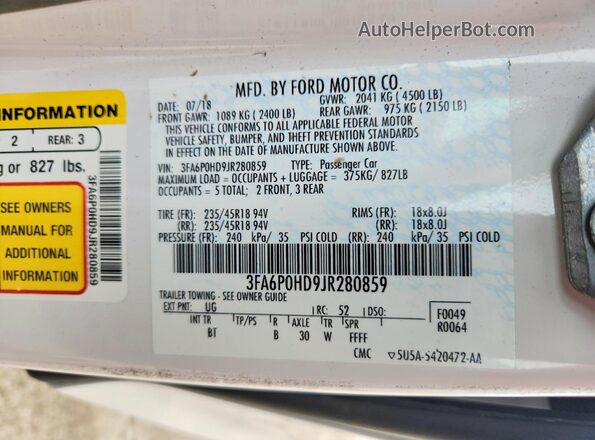 3FA6P0HD9JR280859 2018 FORD FUSION Белый Вид наклейки с VIN-кодом