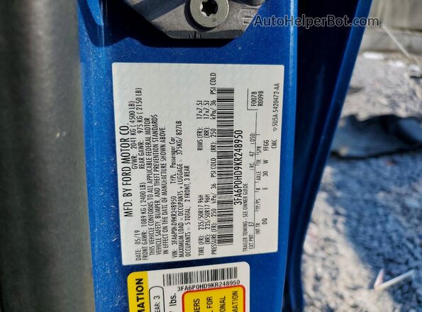 3FA6P0HD9KR248950 2019 FORD FUSION Синий Вид подкапотного пространства