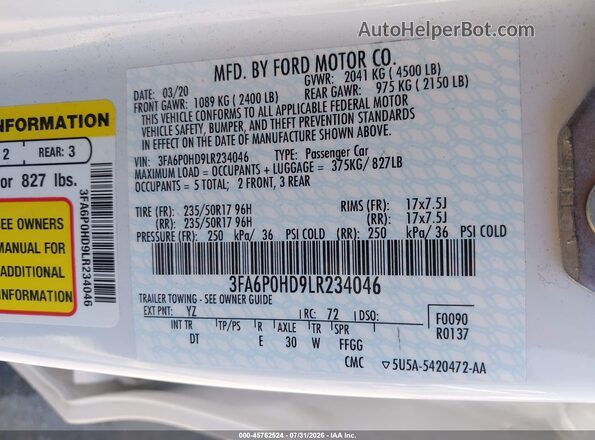 3FA6P0HD9LR234046 2020 FORD FUSION White Вид підкапотного простору