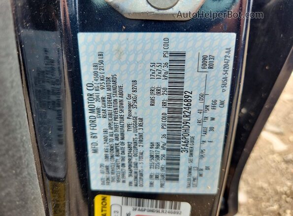 3FA6P0HD9LR246892 2020 FORD FUSION Black Widok komory silnika
