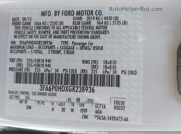 3FA6P0HDXGR238936 2016 FORD FUSION White Vista del compartimento del motor