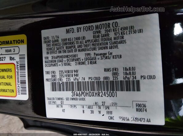3FA6P0HDXHR245001 2017 FORD FUSION Black ძრავის განყოფილების ხედი