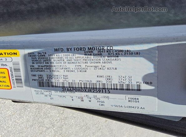 3FA6P0HDXJR259115 2018 FORD FUSION Белый Вид подкапотного пространства