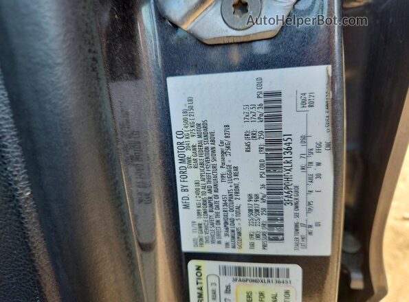 3FA6P0HDXLR136451 2020 FORD FUSION Gray Շարժիչի բաժամունքի տեսք