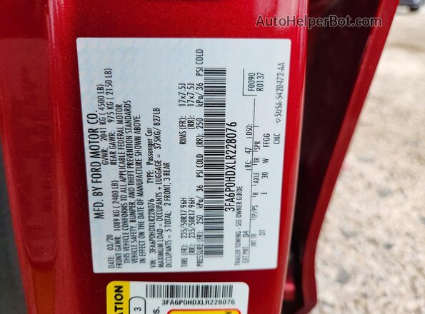 3FA6P0HDXLR228076 2020 FORD FUSION Красный Вид подкапотного пространства