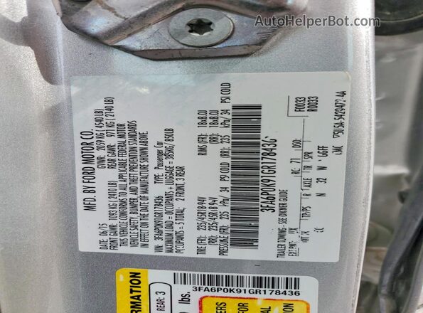 3FA6P0K91GR178436 2016 FORD FUSION Silver Vista del compartimento del motor