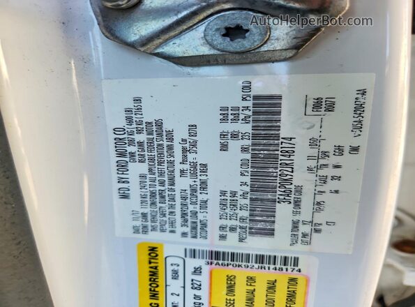 3FA6P0K92JR148174 2018 FORD FUSION White VIN կոդի պիտակի տեսք