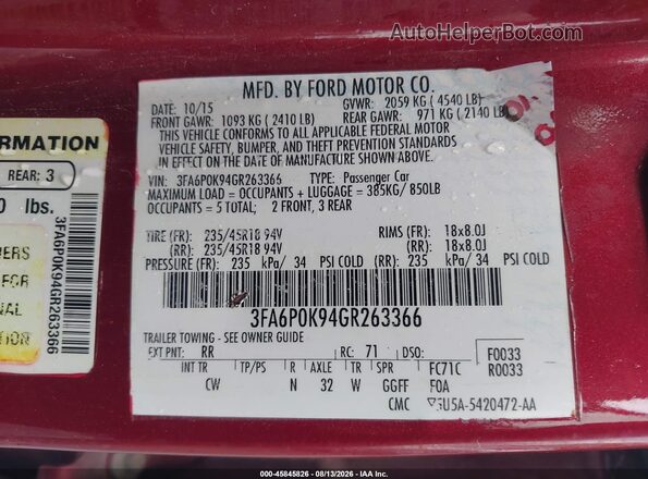 3FA6P0K94GR263366 2016 FORD FUSION Красный Вид подкапотного пространства
