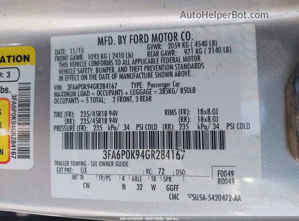 3FA6P0K94GR284167 2016 FORD FUSION Gray ძრავის განყოფილების ხედი