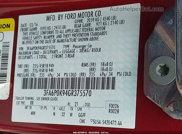 3FA6P0K94GR375570 2016 FORD FUSION Burgundy ძრავის განყოფილების ხედი