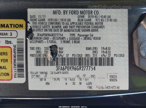 3FA6P0K96GR277754 2016 FORD FUSION Gray Vista del compartimento del motor