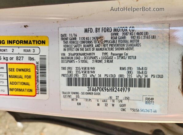 3FA6P0K96HR244979 2017 FORD FUSION White ძრავის განყოფილების ხედი