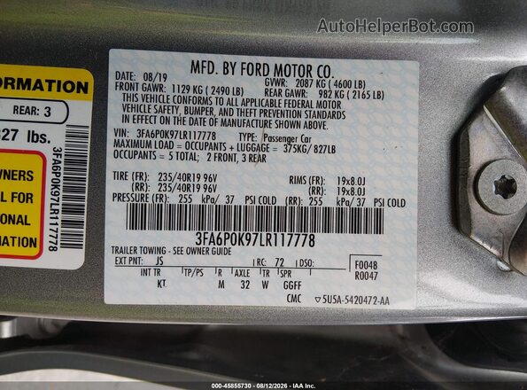 3FA6P0K97LR117778 2020 FORD FUSION Серебряный Вид подкапотного пространства