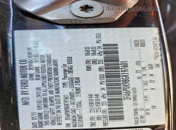 3FA6P0K98GR197601 2016 FORD FUSION Черный Вид наклейки с VIN-кодом