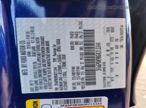 3FA6P0K98GR213344 2016 FORD FUSION Синий Вид подкапотного пространства