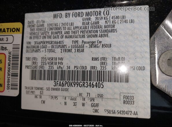 3FA6P0K99GR346405 2016 FORD FUSION Black Engine compartment view