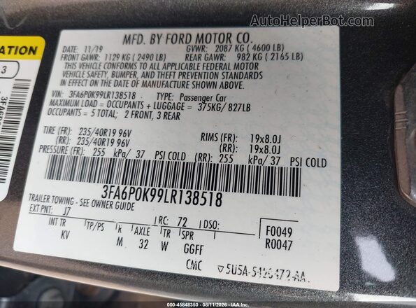 3FA6P0K99LR138518 2020 FORD FUSION Gray Widok komory silnika