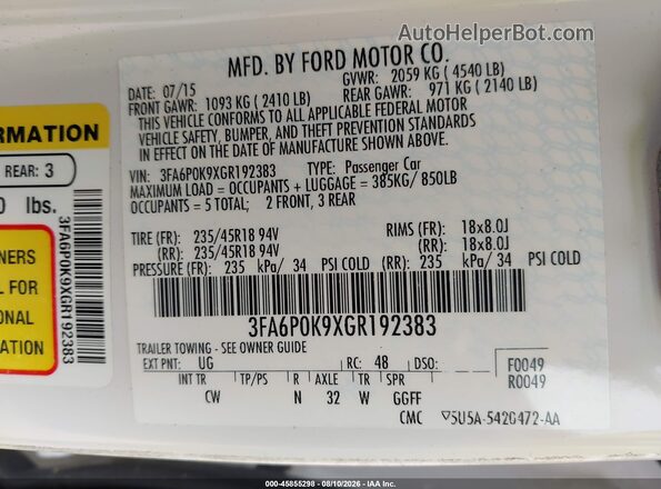 3FA6P0K9XGR192383 2016 FORD FUSION White ძრავის განყოფილების ხედი
