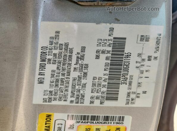 3FA6P0LU0GR311965 2016 FORD FUSION Silver Widok naklejki z numerem VIN