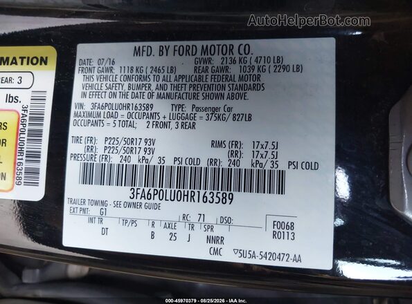 3FA6P0LU0HR163589 2017 FORD FUSION HYBRID Black Вид підкапотного простору