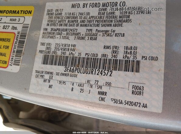 3FA6P0LU0JR124572 2018 FORD FUSION HYBRID Silver ძრავის განყოფილების ხედი