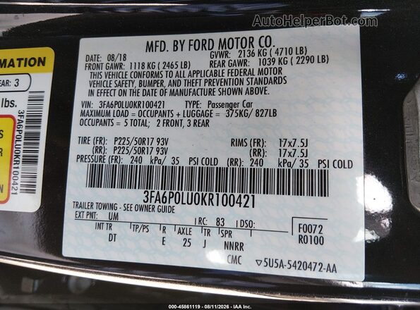 3FA6P0LU0KR100421 2019 FORD FUSION HYBRID Black Շարժիչի բաժամունքի տեսք
