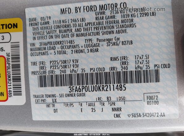 3FA6P0LU0KR211485 2019 FORD FUSION HYBRID Silver Շարժիչի բաժամունքի տեսք