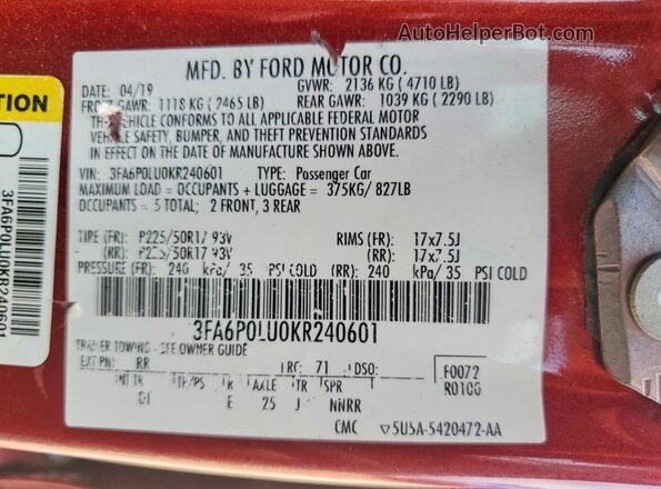 3FA6P0LU0KR240601 2019 FORD FUSION Красный Вид подкапотного пространства