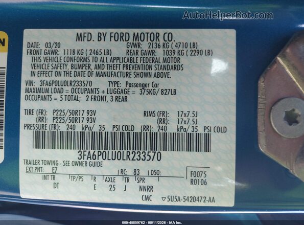 3FA6P0LU0LR233570 2020 FORD FUSION Blue Vista del compartimento del motor