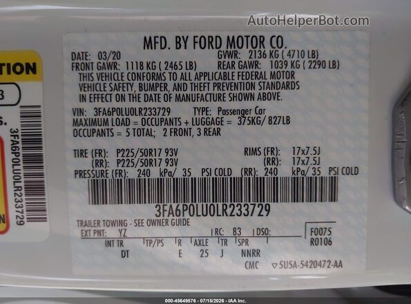 3FA6P0LU0LR233729 2020 FORD FUSION White Вид підкапотного простору