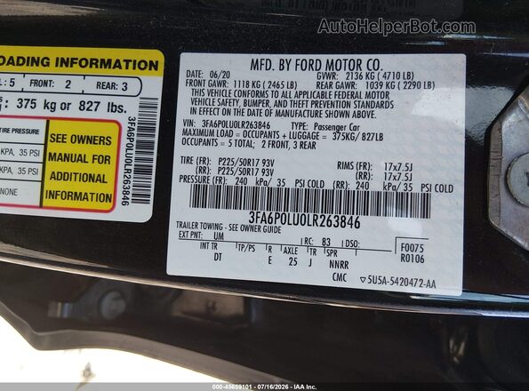3FA6P0LU0LR263846 2020 FORD FUSION Black Вид підкапотного простору