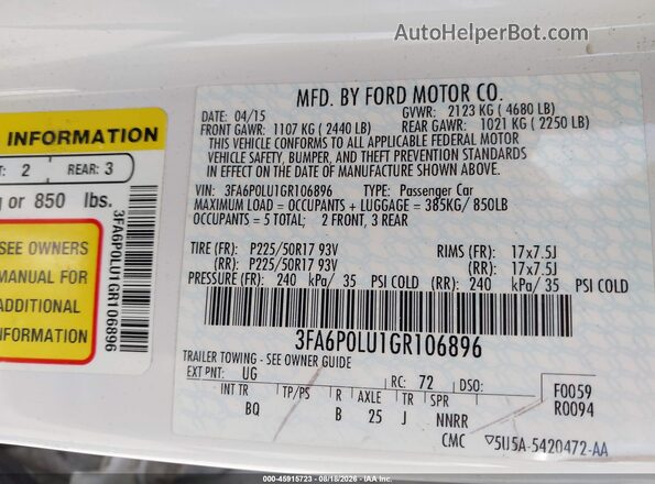 3FA6P0LU1GR106896 2016 FORD FUSION HYBRID White Engine compartment view
