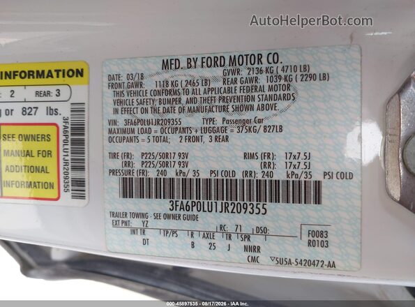 3FA6P0LU1JR209355 2018 FORD FUSION HYBRID White Vista del compartimento del motor