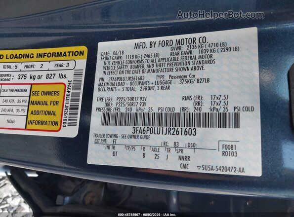 3FA6P0LU1JR261603 2018 FORD FUSION HYBRID Blue Շարժիչի բաժամունքի տեսք
