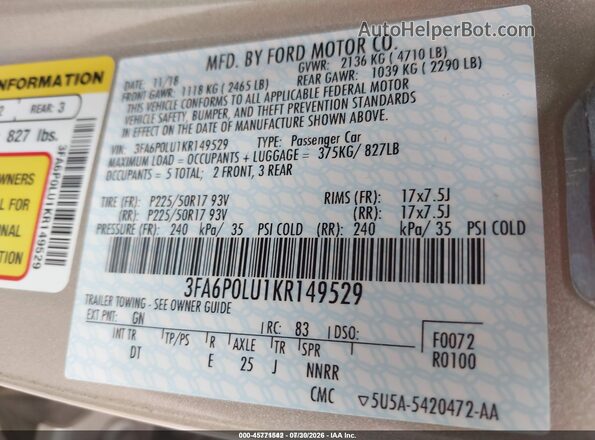 3FA6P0LU1KR149529 2019 FORD FUSION HYBRID Gold Widok komory silnika