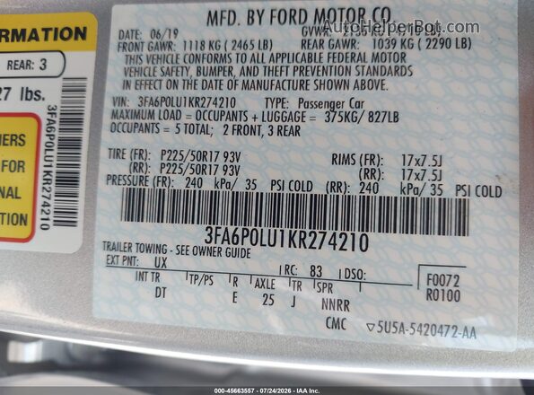 3FA6P0LU1KR274210 2019 FORD FUSION HYBRID Серебряный Вид подкапотного пространства