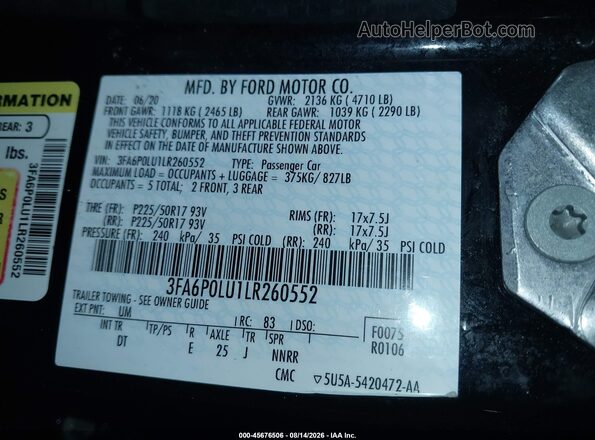 3FA6P0LU1LR260552 2020 FORD FUSION Black Շարժիչի բաժամունքի տեսք