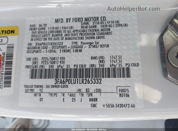 3FA6P0LU1LR265332 2020 FORD FUSION White Вид підкапотного простору