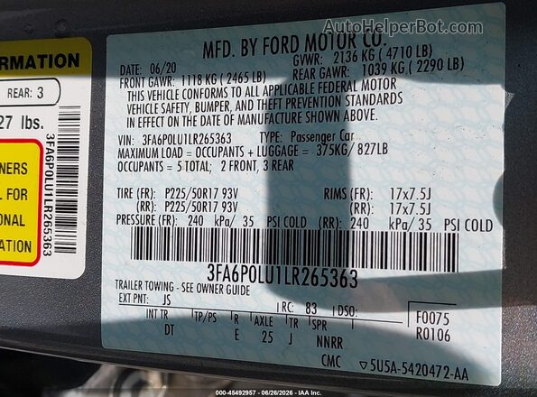 3FA6P0LU1LR265363 2020 FORD FUSION Серебряный Вид подкапотного пространства