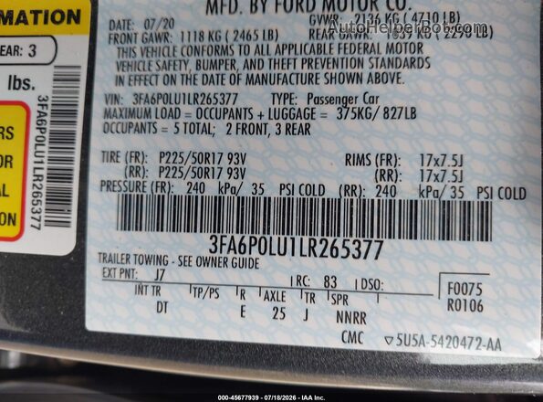 3FA6P0LU1LR265377 2020 FORD FUSION Серый Вид подкапотного пространства