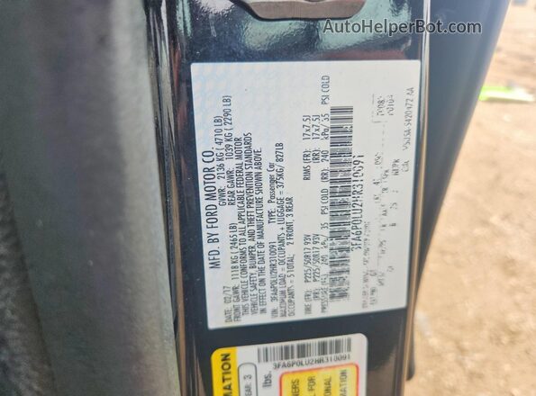 3FA6P0LU2HR310091 2017 FORD FUSION Черный Вид наклейки с VIN-кодом