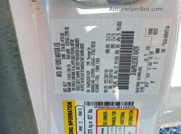 3FA6P0LU2JR110429 2018 FORD FUSION White Widok komory silnika