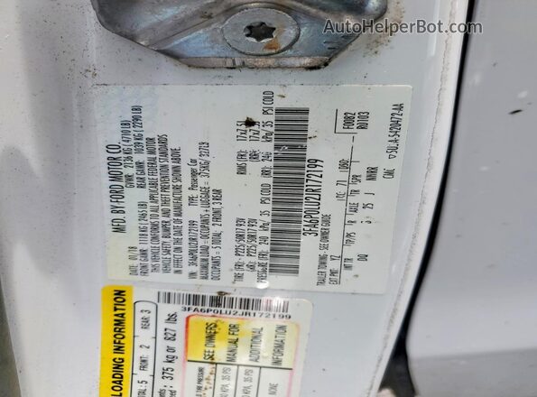 3FA6P0LU2JR172199 2018 FORD FUSION White Вид наклейки з VIN-кодом